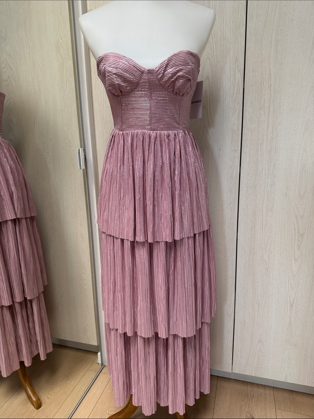 NWT Sabina Musayev metallic pink Tiered Pleated lace back Bustier Maxi Dress S - Picture 5 of 12